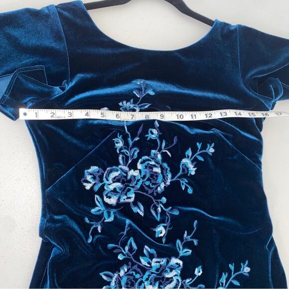 WHBM Teal Velvet Lace Trim Floral Embroidered Flounce Sleeve Dress XS Petite - Picture 6 of 11